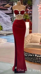 Beaded Burgundy Mermaid Formal Prom Dress