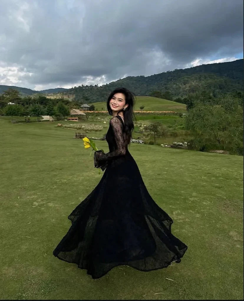 Black Lace Sexy A Line Long Sleeve Evening Dress Prom Dresses Formal Gown