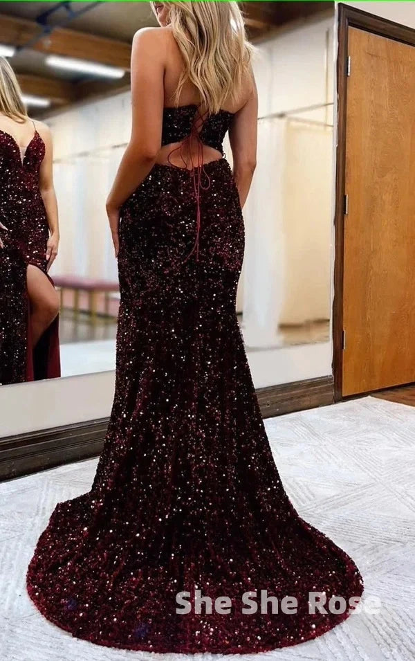 Black Lace-Up Back Sequis Mermaid Prom Dress with Slit Formal Evening Dresses