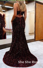 Black Lace-Up Back Sequis Mermaid Prom Dress with Slit Formal Evening Dresses