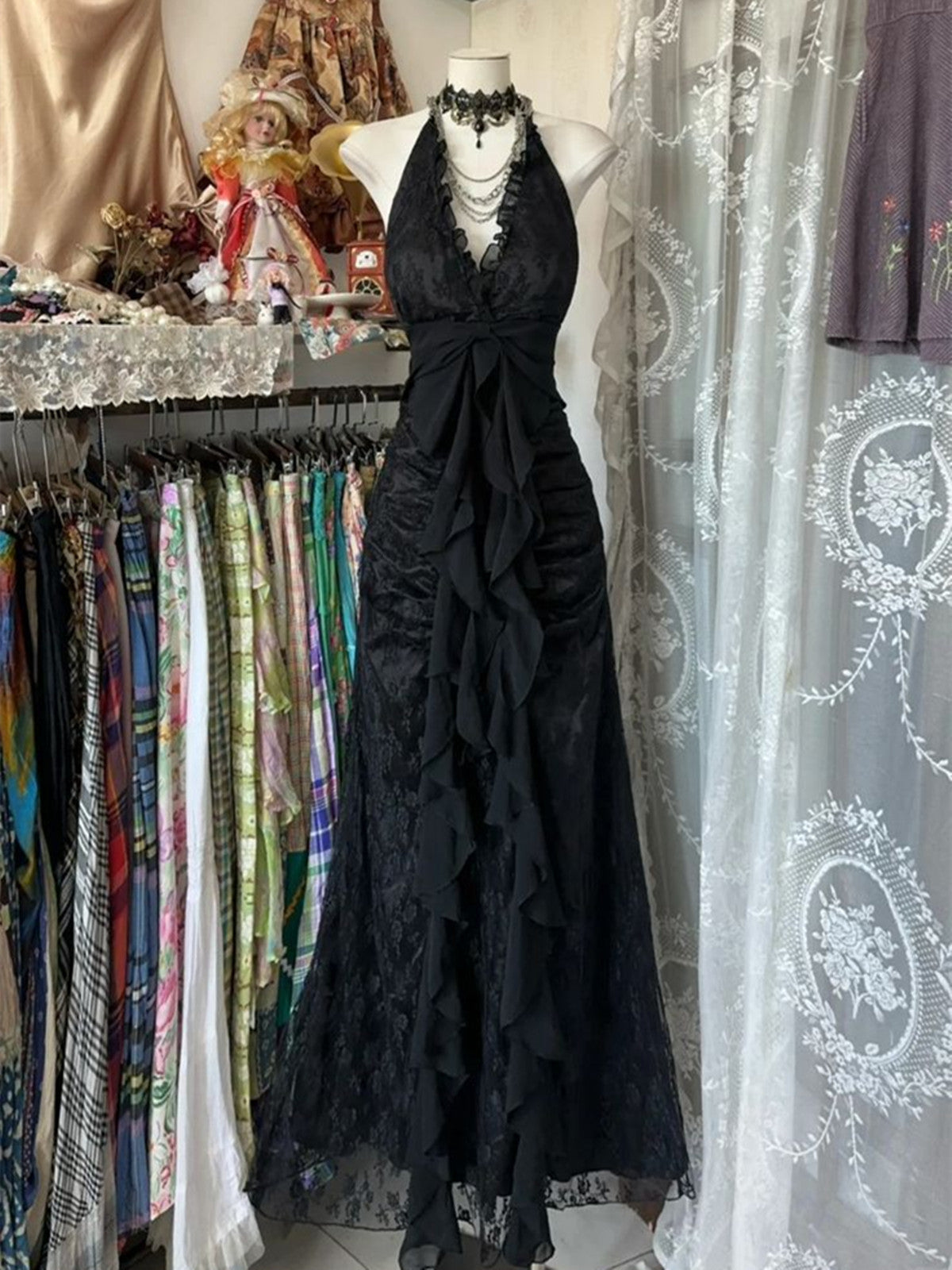 Black Lace V-Neckline A-Line Halter Party Dress, Black Vintage Style Prom Dress