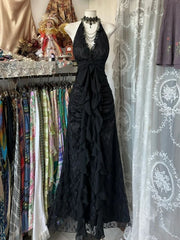 Black Lace V-Neckline A-Line Halter Party Dress, Black Vintage Style Prom Dress