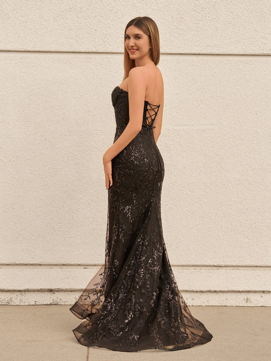 Black Sweetheart Lace Appliques Mermaid Long Prom Dresses