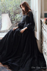 Black Tulle Long Sleeve Prom Dress, Black A-Line Evening Dress