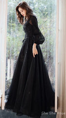 Black Tulle Long Sleeve Prom Dress, Black A-Line Evening Dress