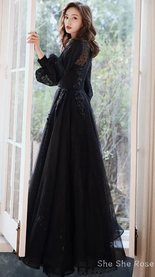 Black Tulle Long Sleeve Prom Dress, Black A-Line Evening Dress