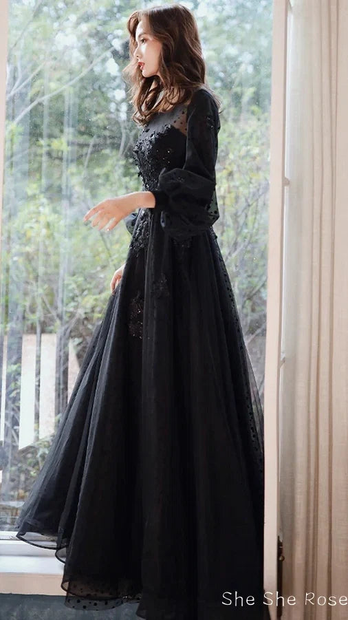 Black Tulle Long Sleeve Prom Dress, Black A-Line Evening Dress