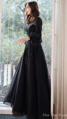 Black Tulle Long Sleeve Prom Dress, Black A-Line Evening Dress