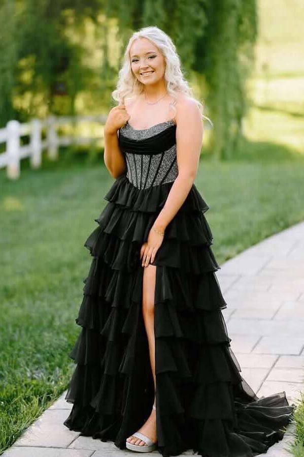 Beaded Yellow Chiffon A-line Tiered Ruffle Gown