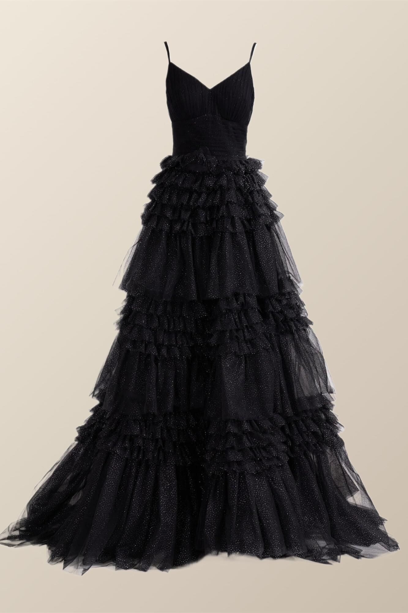 Black Tiered Ruffles A-line Long Dress
