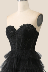 Black Appliques Tulle Tiered Ruffles Long Party Dress
