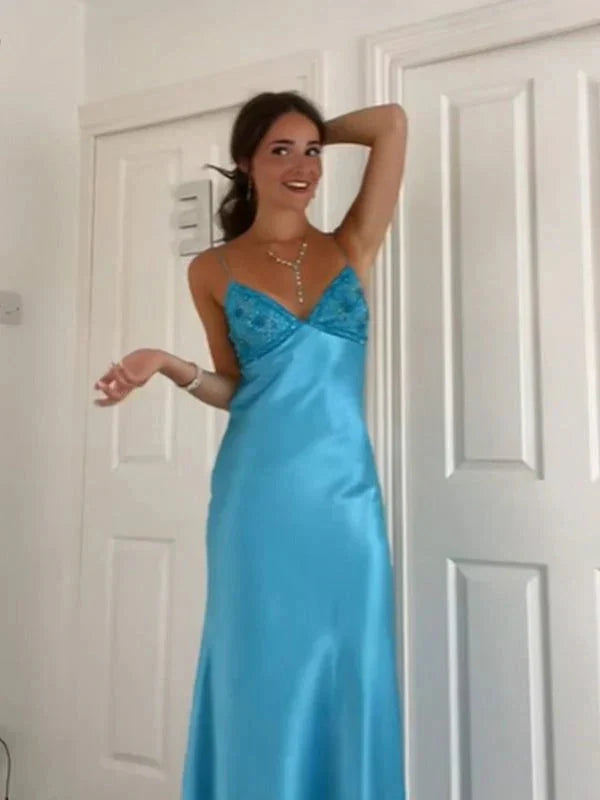 Blue Beaded Sequined Long Evening Gown Prom Dress Party Dress