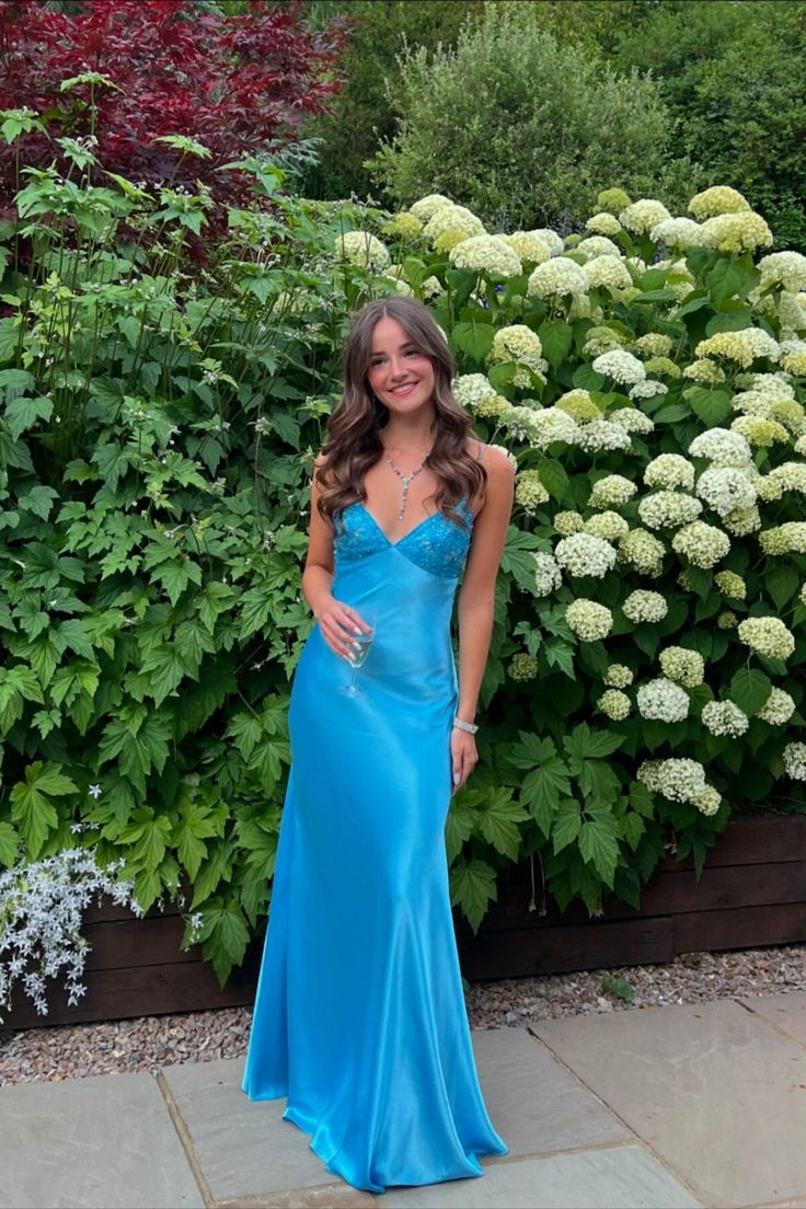 Blue Beaded Sequined Long Evening Gown Prom Dress Party Dress
