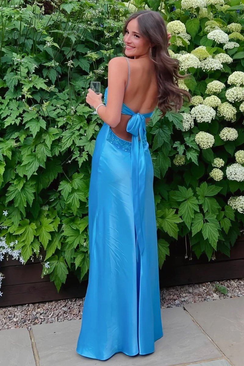 Blue Spaghetti Straps Sheath Satin Long Prom Dresses With Appliques