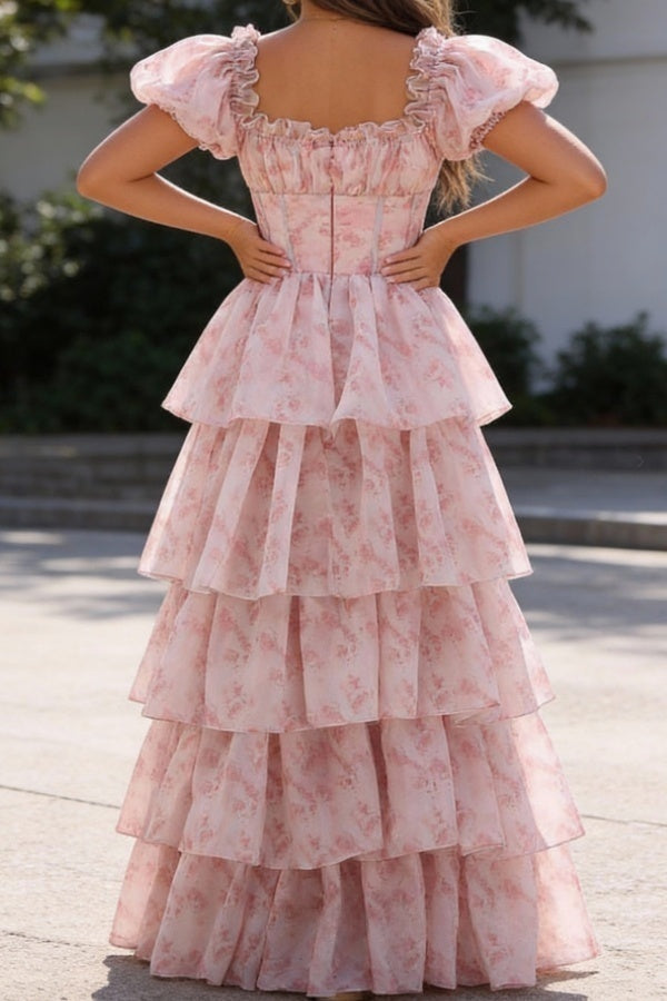 Blush Pink A Line Square Neck Tiered Prom Dress with Ruffles