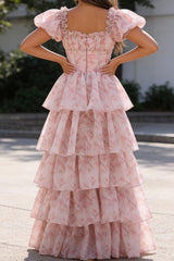 Blush Pink A Line Square Neck Tiered Prom Dress with Ruffles