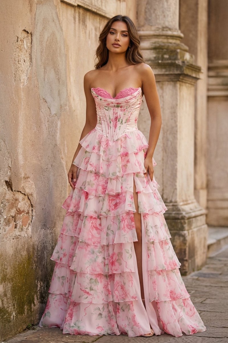 A Line Floral Blush Tiered Chiffon Long Corset Prom Dress with Slit