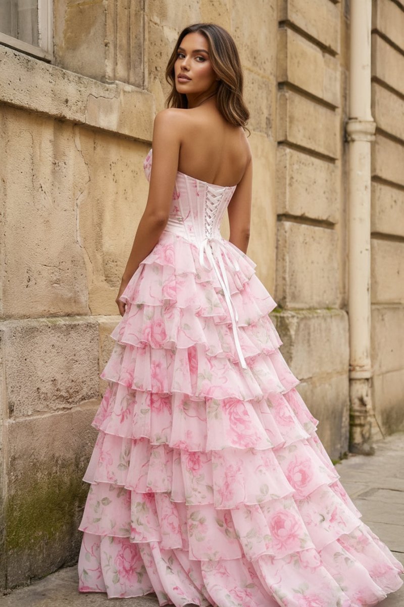 A Line Floral Blush Tiered Chiffon Long Corset Prom Dress with Slit