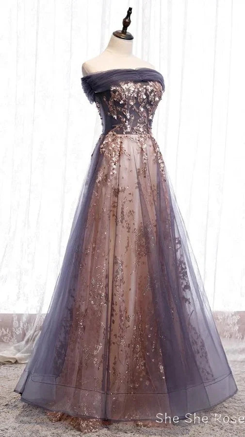 Charming A-Line Tulle Long Off Shoulder Party Dress, Formal Prom Dress