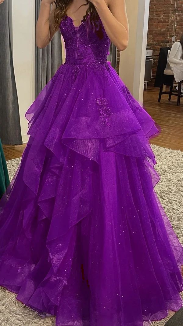 Chic Ball Gown Spaghetti Straps Burgundy Tulle Lace Long Prom Dress Evening Formal Gowns