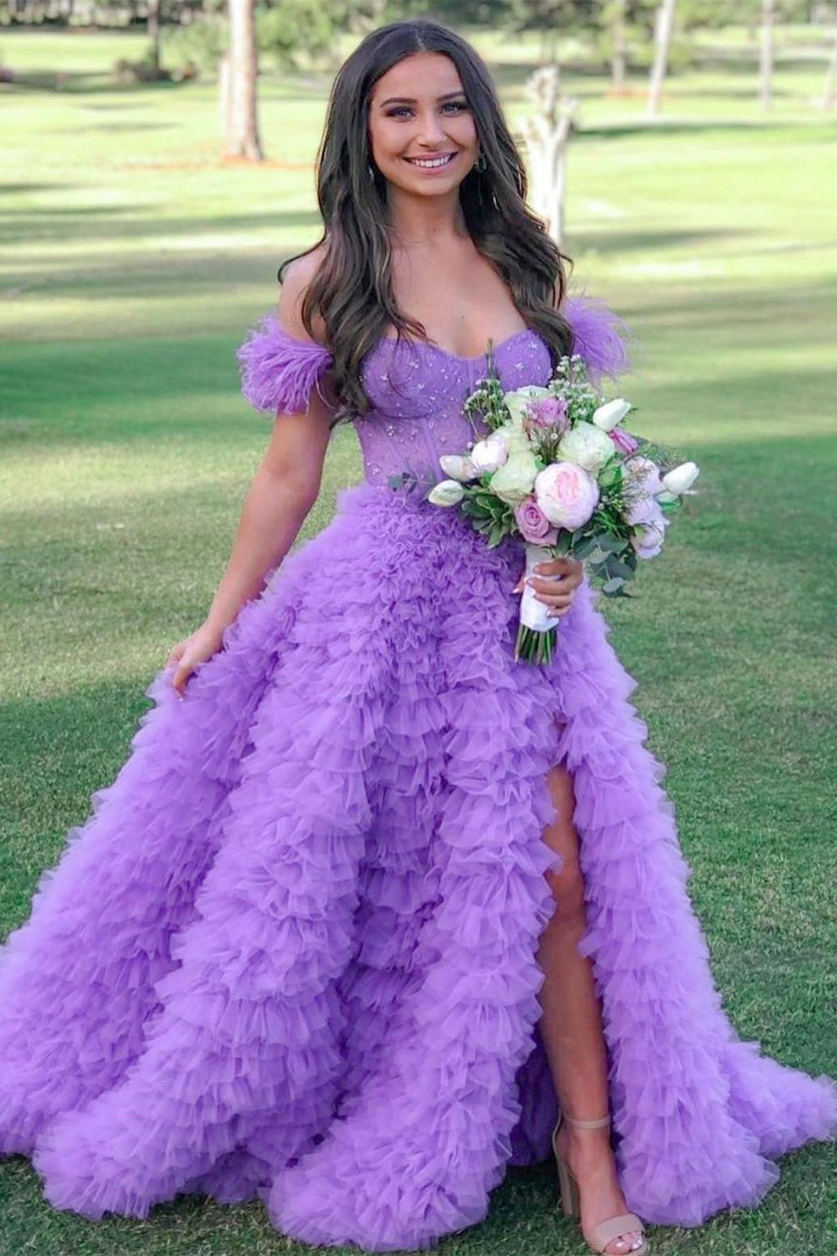 A-line Sweetheart Pink Off Shoulder Slit Bustier Feather Prom Gown