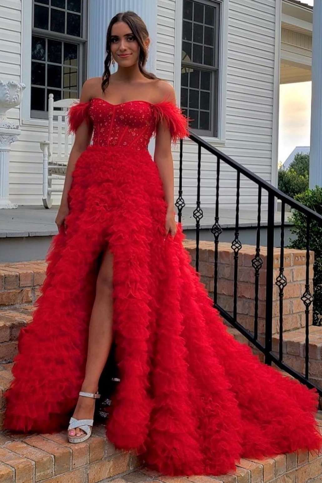 A-line Sweetheart Pink Off Shoulder Slit Bustier Feather Prom Gown