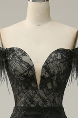 Classic Black Off-the-shoulder Feather Sequins Prom Dress