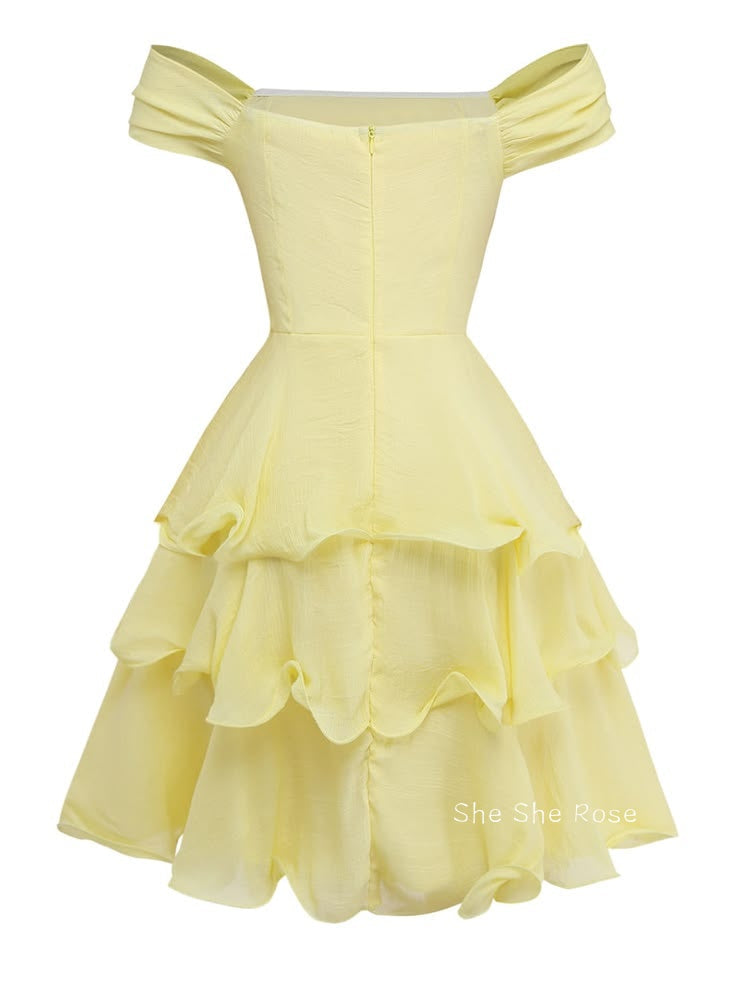 Cream Yellow Off The Shoulder Short Ruffle Homecoming Dresses