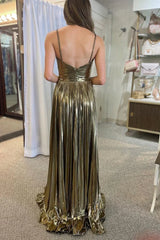 Charming Gold Halter Sleeveless A-Line Prom Dress Pleated with