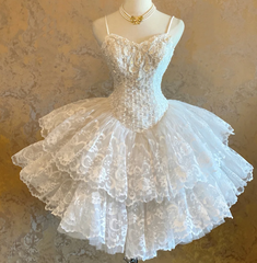 A Line White Lace Homecoming Dress Short Prom Dress Birthday Party Dress