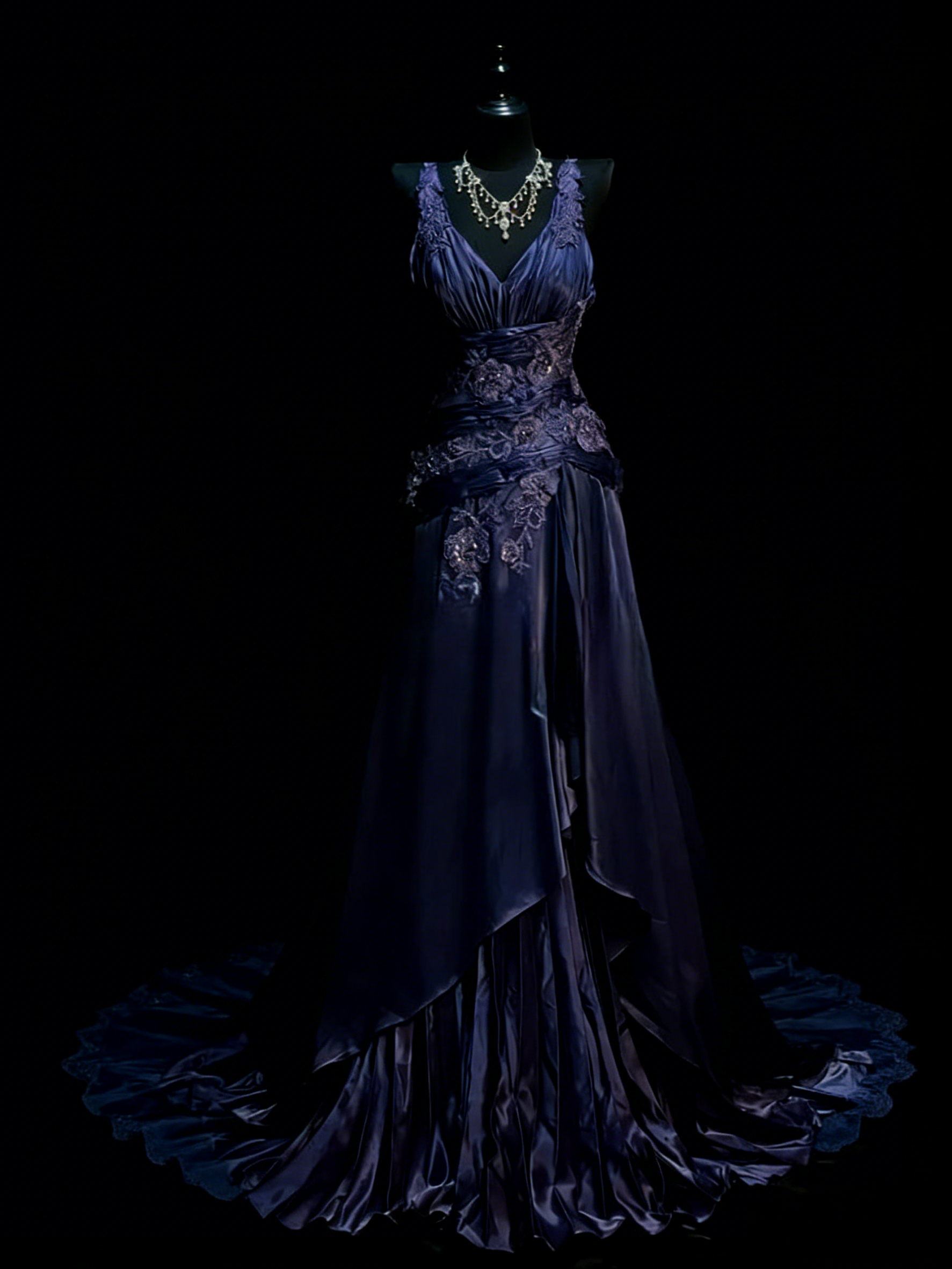 Elegant Grape Long Prom Dresses Satin V-neck A-line Evening Dresses Appliques Sleeveless Formal Dresses