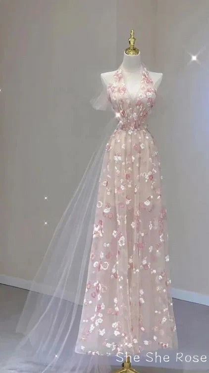 Elegant A Line Halter Tulle Floral Pink Prom Dress