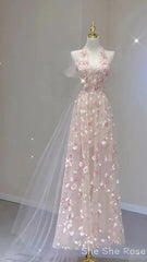 Elegant A Line Halter Tulle Floral Pink Prom Dress