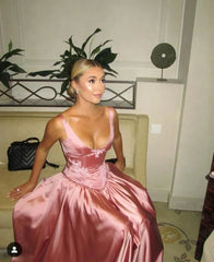Elegant A Line V Neckline Bridesmaid Dresses Floor-Length Satin Long Pink Evening Dress Prom Dresses
