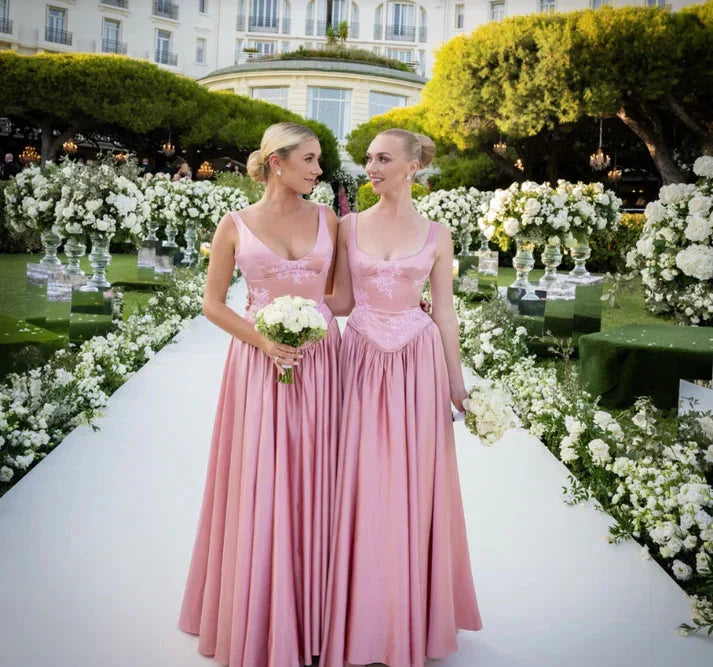 Elegant A Line V Neckline Bridesmaid Dresses Floor-Length Satin Long Pink Evening Dress Prom Dresses
