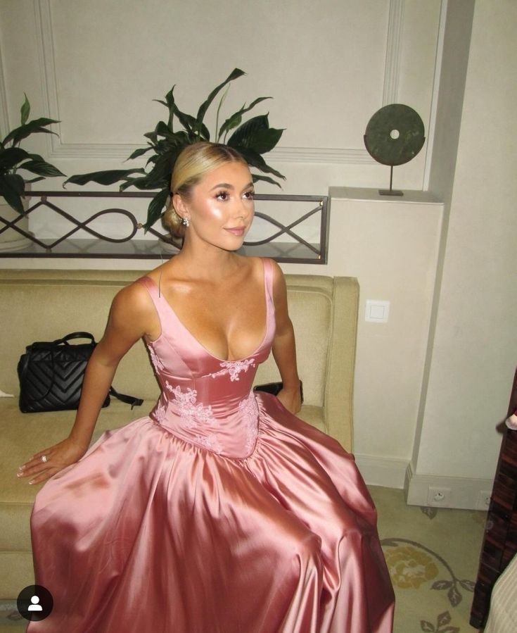 Elegant A Line V Neckline Floor-Length Satin Long Pink Evening Dress Prom Dresses