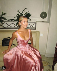 Elegant A Line V Neckline Floor-Length Satin Long Pink Evening Dress Prom Dresses