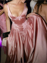 Elegant A Line V Neckline Floor-Length Satin Long Pink Evening Dress Prom Dresses