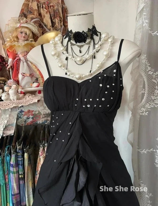 Elegant Black Spaghetti Strap Mermaid Chiffon Formal Prom Dress