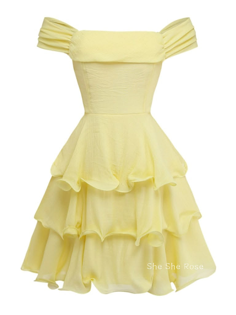 Cream Yellow Off The Shoulder Short Ruffle Homecoming Dresses