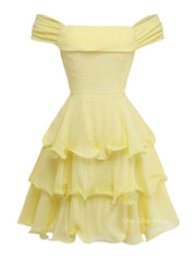 Cream Yellow Off The Shoulder Short Ruffle Homecoming Dresses