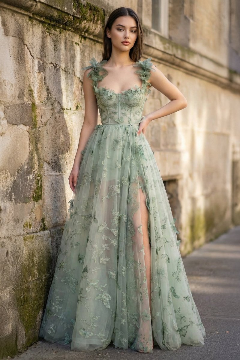 A-line Butterfly Lace Lilac Corset Prom Dress with Slit