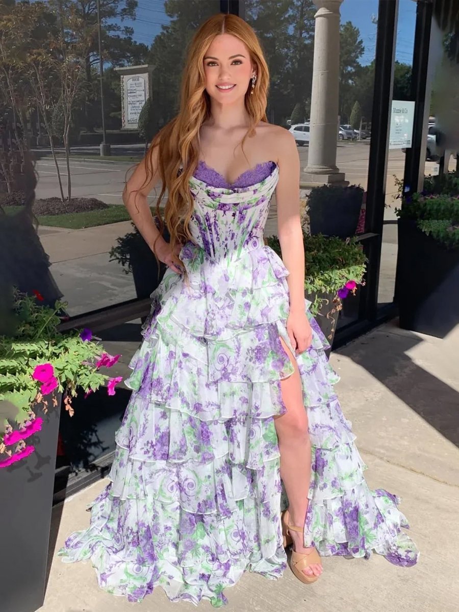 A Line Floral Blush Tiered Chiffon Long Corset Prom Dress with Slit