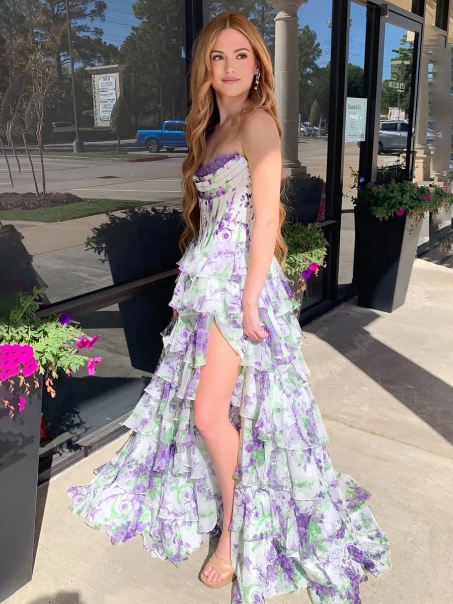 A Line Floral Blush Tiered Chiffon Long Corset Prom Dress with Slit