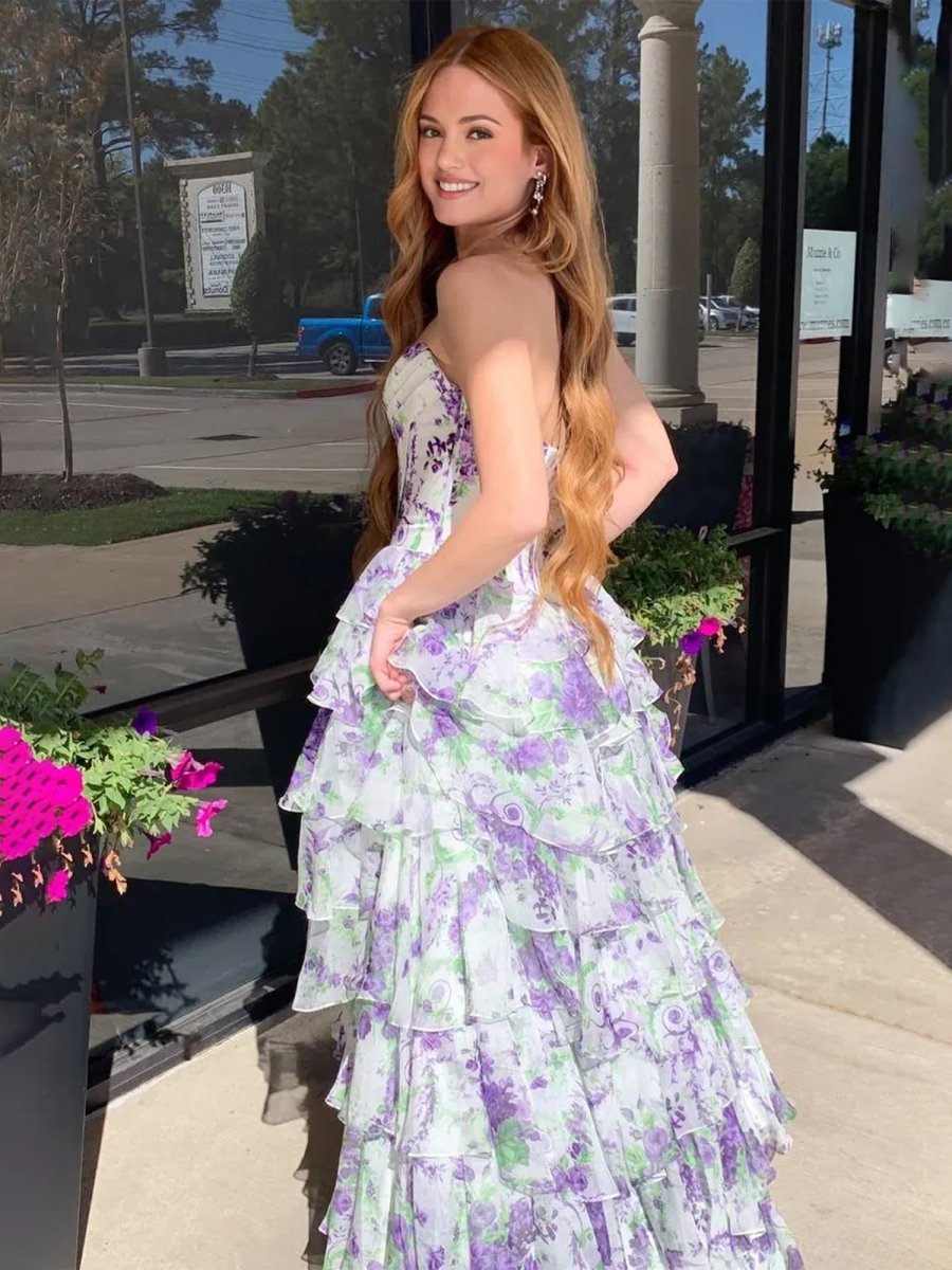 A Line Floral Blush Tiered Chiffon Long Corset Prom Dress with Slit