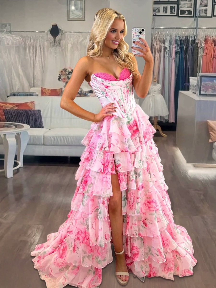 A-Line Blush Sweetheart Chiffon Floral Ruffled Prom Dress With Slit