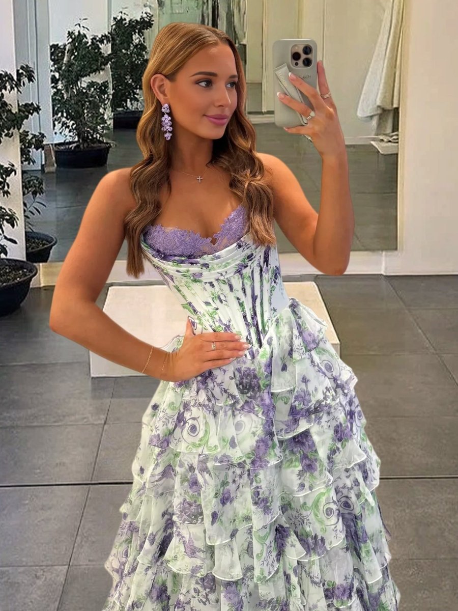 A-Line Blush Sweetheart Chiffon Floral Ruffled Prom Dress With Slit