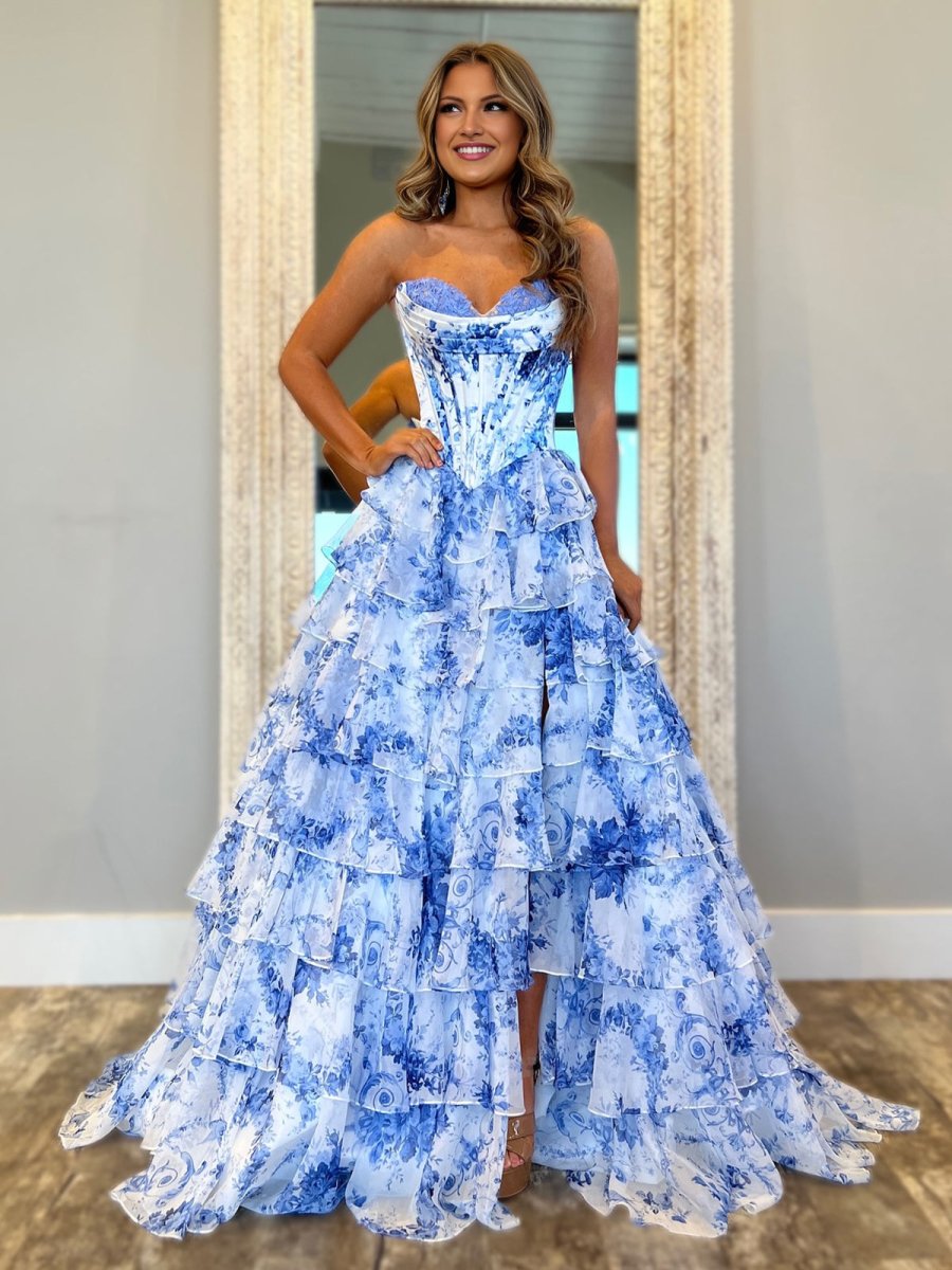 A-Line Blush Sweetheart Chiffon Floral Ruffled Prom Dress With Slit