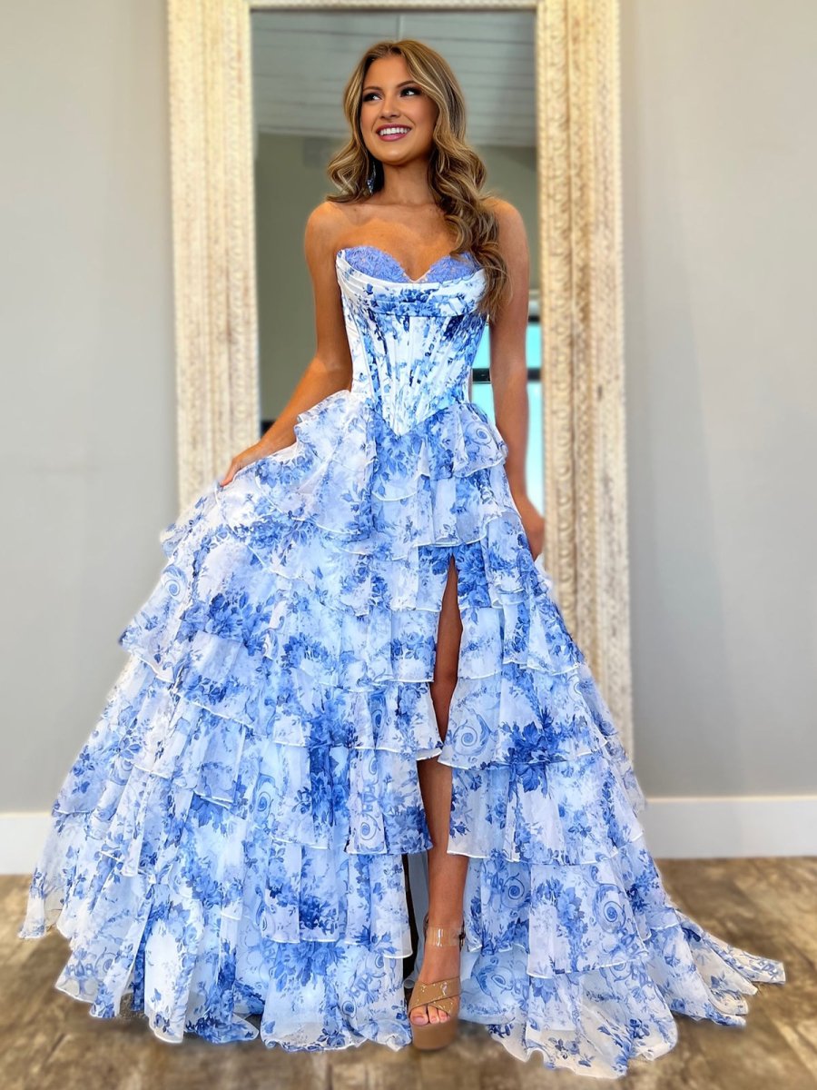 A-Line Blush Sweetheart Chiffon Floral Ruffled Prom Dress With Slit