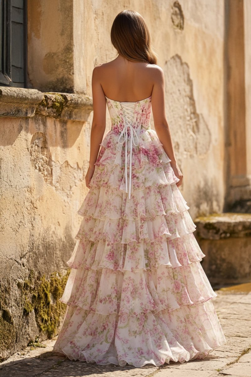 A Line Floral Blush Tiered Chiffon Long Corset Prom Dress with Slit
